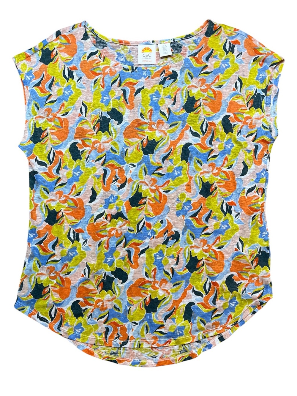 C&C California 100% Linen Sleeveless Shirt Tank Top Multicolor Floral Print M